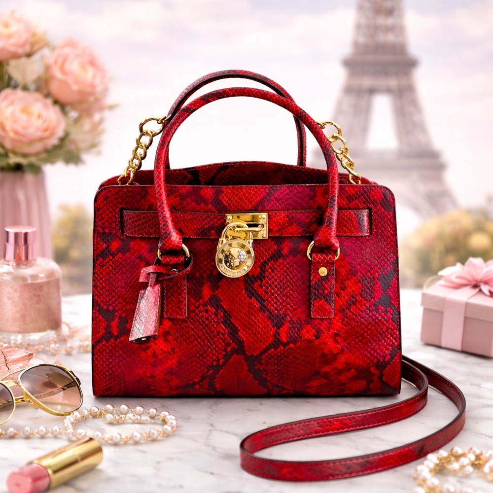 Michael Kors Hamilton Embossed Snake Print Shoulder Bag in Red & Black